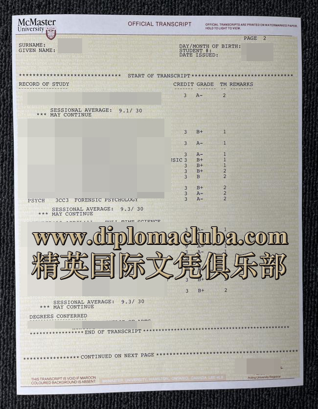 麦克马斯特大学成绩单