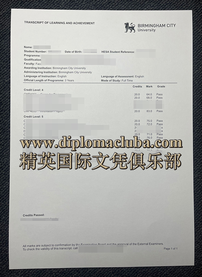 伯明翰城市大学成绩单