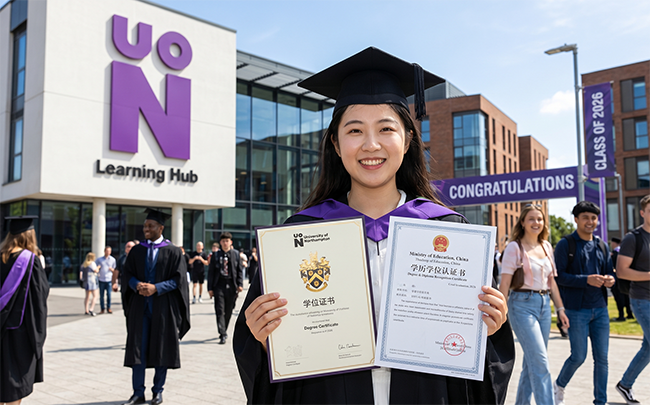 毕业学子展示英国北安普顿大学文凭与中国留服认证双证书